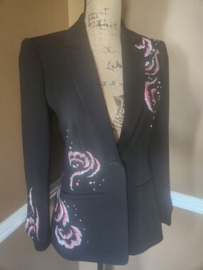 Flawless Cinq A Sept Black Blazer with Pink and White Embroidered Floral Accents